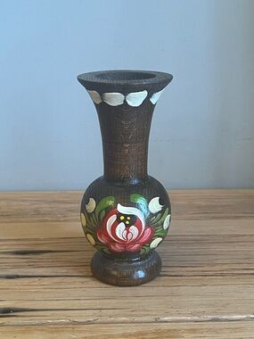 Hand-Painted Wooden Folk Art Bud Vase with Floral Design